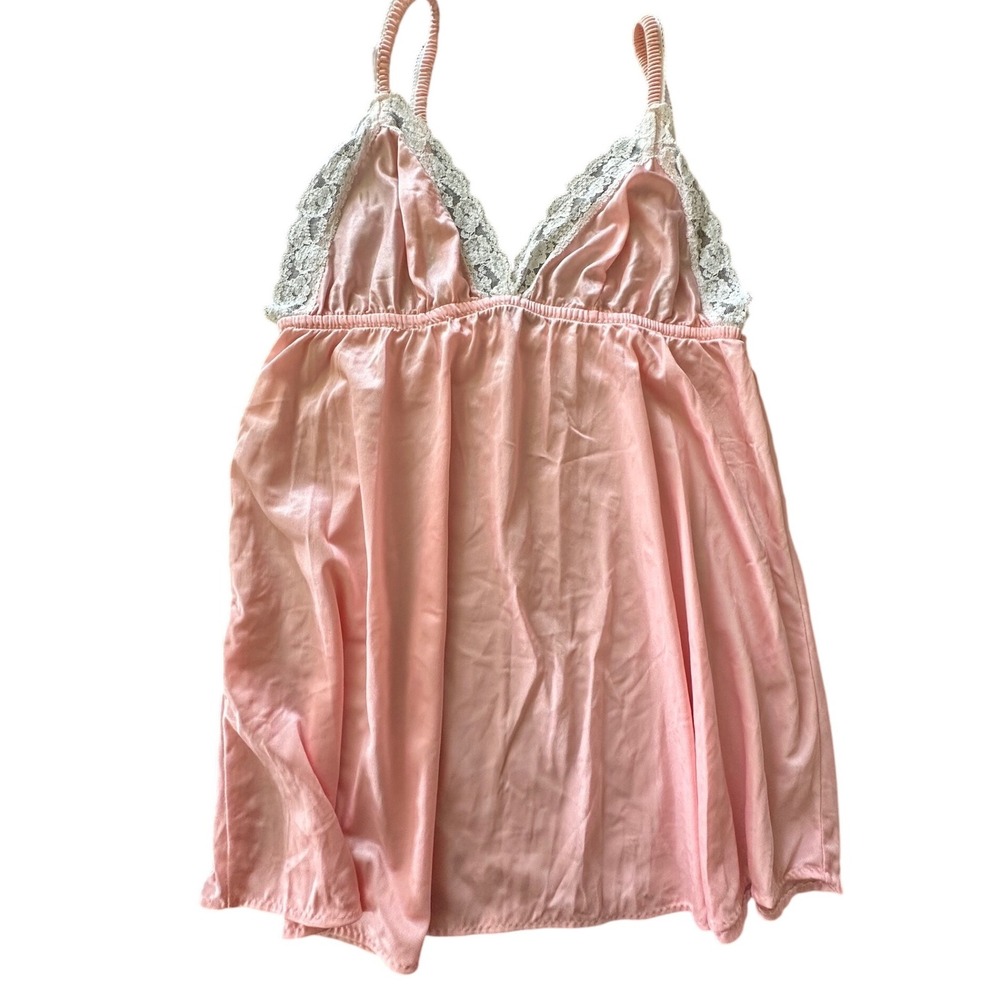 Vintage 1970s Opalaire Peach Lace Trim Babydoll Chemise Nightgown Top Large USA